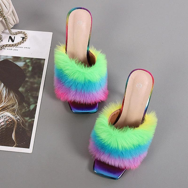 حذاء صيفي شفاف بكعب عالي وألوان زاهية من الفرو - متجر بيوتي سنتر