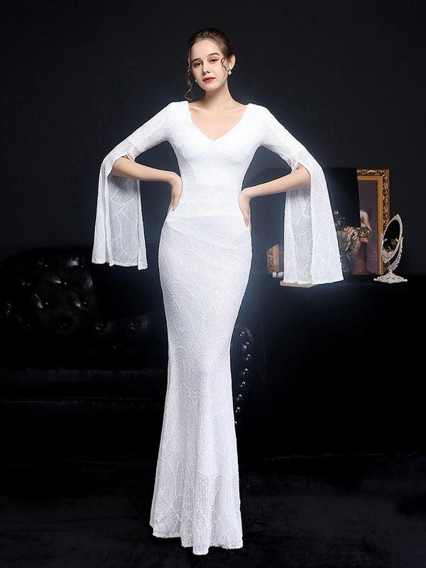 فستان سهرة برقبة V وأكمام طويلة حورية البحر طول الأرض ترتر - متجر بيوتي سنتر