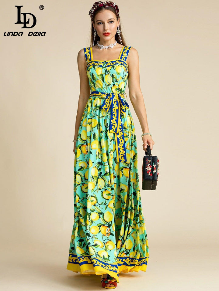 فستان ماكسي موضة الصيف بوهيميا الليمون طباعة مربوط عطلة أنيقة بحزام - متجر بيوتي سنتر