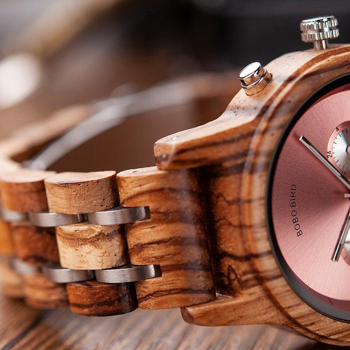 ساعة كوارترز نسائية مصنعة من الخشب مع وجود التاريخ - متجر بيوتي سنتر