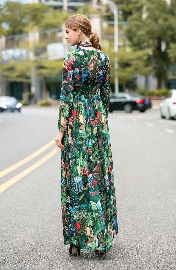فستان نسائي طويل بتصميم مواكب للموضة بأكمام طويلة ومطبوع عليه رسومات ورود - متجر بيوتي سنتر