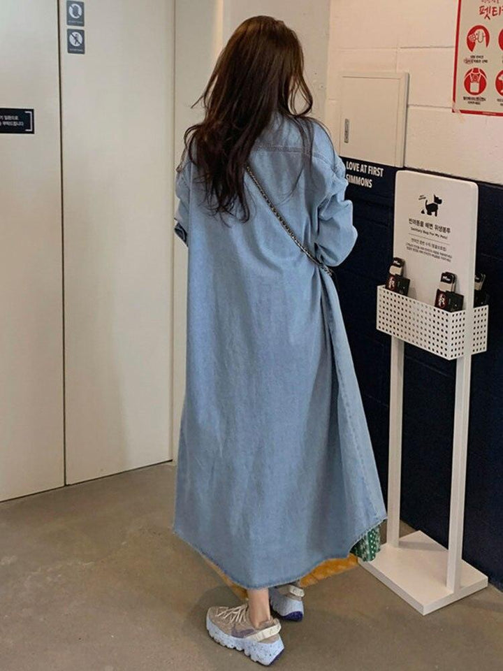 معطف الدنيم فضفاض ازرق اللون طويل الأكمام - متجر بيوتي سنتر