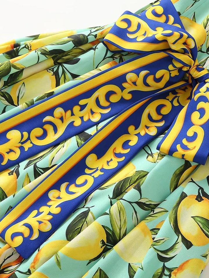 فستان ماكسي موضة الصيف بوهيميا الليمون طباعة مربوط عطلة أنيقة بحزام - متجر بيوتي سنتر